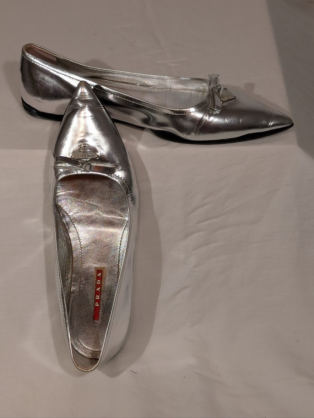Prada Silver Pointed-Toe Leather Flats